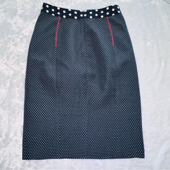 Yoana Baraschi Designer Blue White Polka Dot Skirt Red Zig Zag Stitch size 6 - Picture 2 of 7